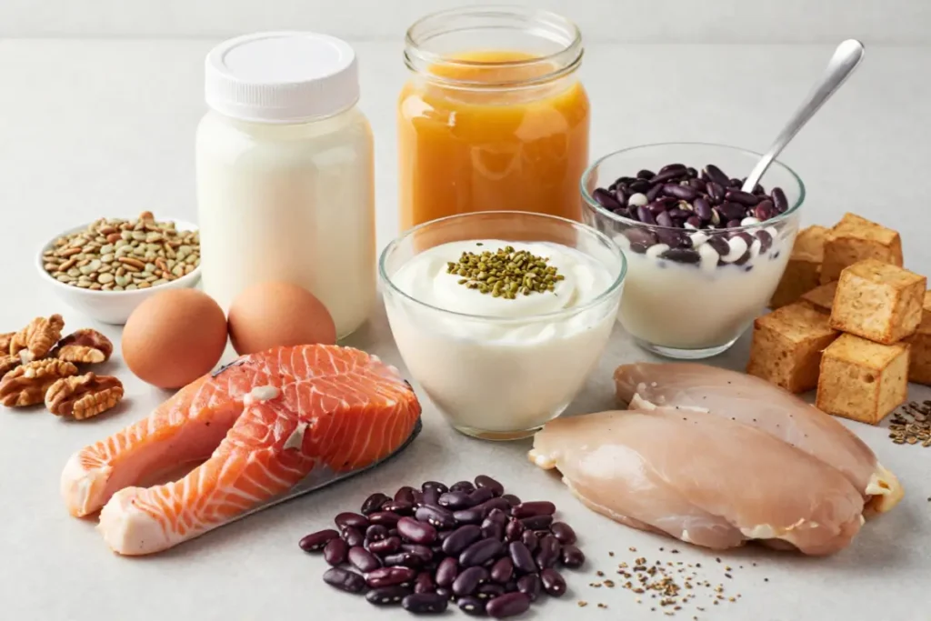 Various animal and plant-based protein foods arranged on a healthy meal table.