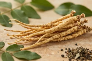 Ashwagandha roots and natural adaptogenic ingredients associated with stress support.