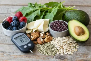 Healthy foods that support blood sugar balance including vegetables, berries, legumes, and nuts.