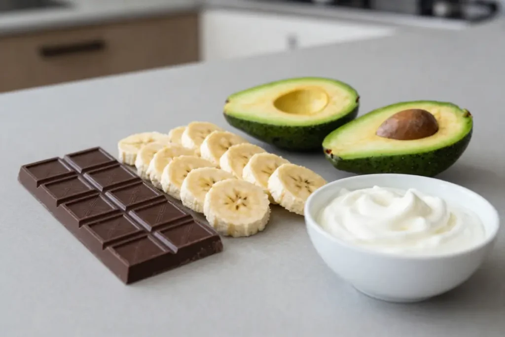 Dark chocolate, bananas, avocado, and plain yogurt arranged as nutritious magnesium-containing foods.