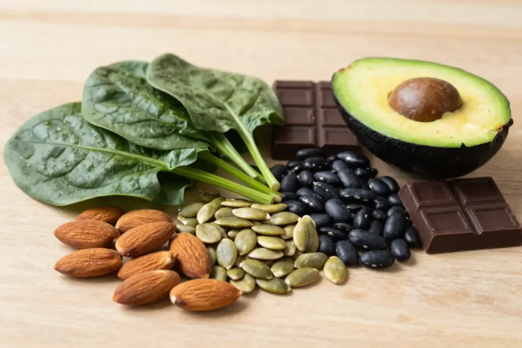 Selection of whole foods naturally containing magnesium arranged on a table.