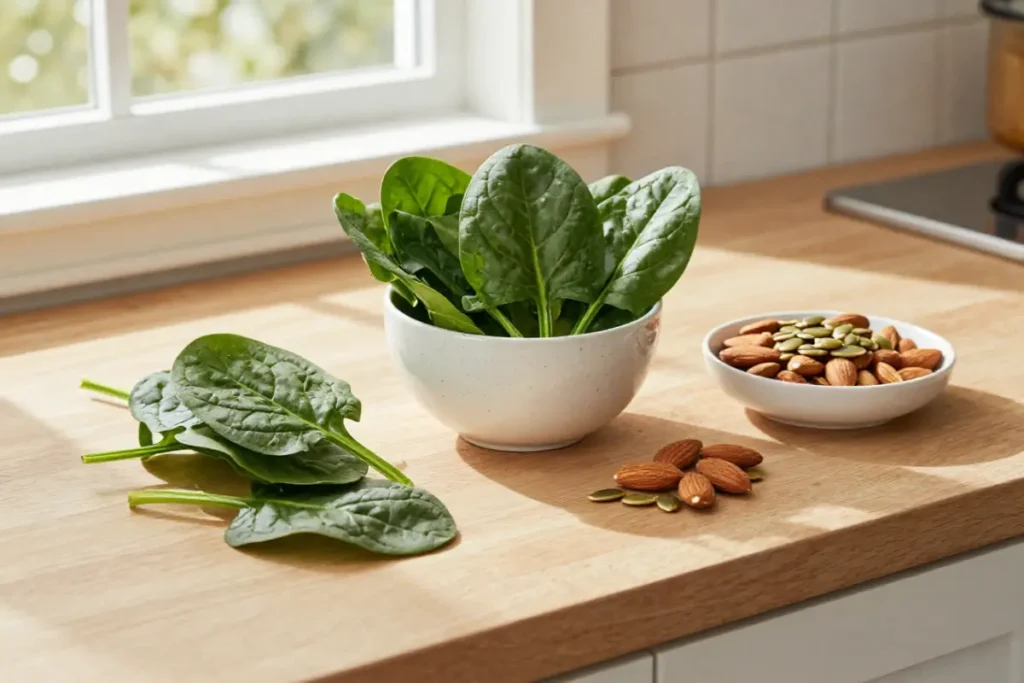 Fresh spinach, almonds, and pumpkin seeds displayed together as magnesium-rich foods.