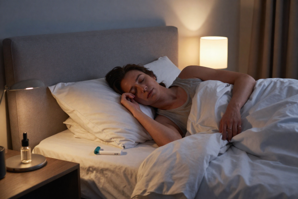 Adult preparing a relaxing bedtime environment with dim lighting.
