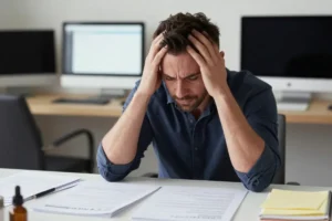 Professional adult experiencing brain fog and difficulty concentrating at work.