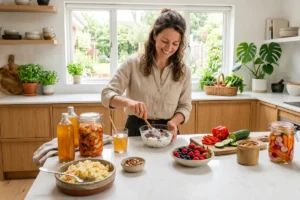 Healthy adult preparing probiotic foods in a bright modern kitchen.