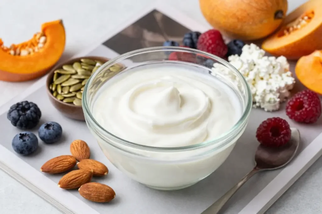 Healthy protein-rich snacks including yogurt, nuts, seeds, and fruit.
