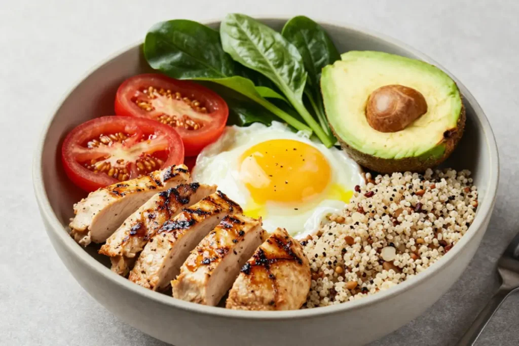Balanced meal bowl containing high-protein foods and fresh vegetables.
