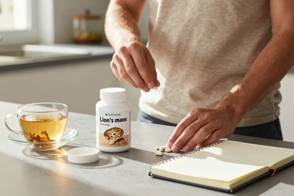 Healthy adult incorporating Lion's Mane mushroom supplement into a wellness routine.