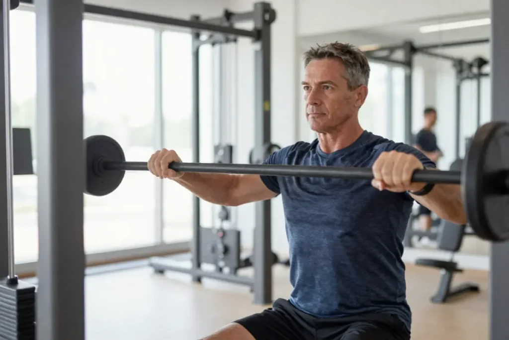 Adult performing resistance exercise to support metabolic health and healthy aging.