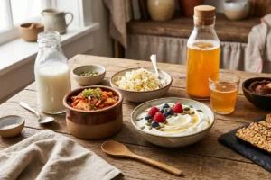 Assortment of probiotic foods including yogurt, kefir, kimchi, sauerkraut, and kombucha.