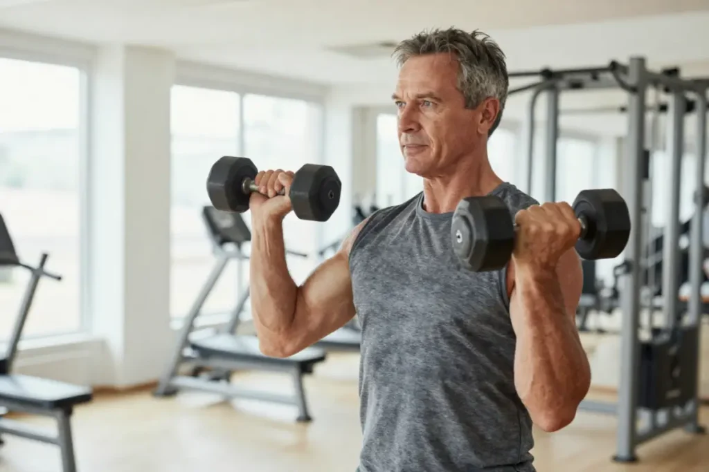 Healthy adult over 40 performing strength training exercises in a gym.